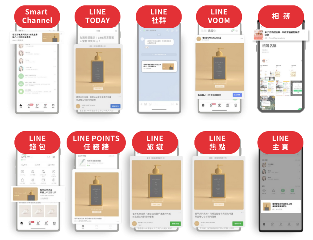 「Smart Channel」 、 LINE TODAY、LINE 社群、LINE VOOM、LINE主頁、LINE 錢包、LINE POINTS、LINE 旅遊、LINE 熱點、相簿